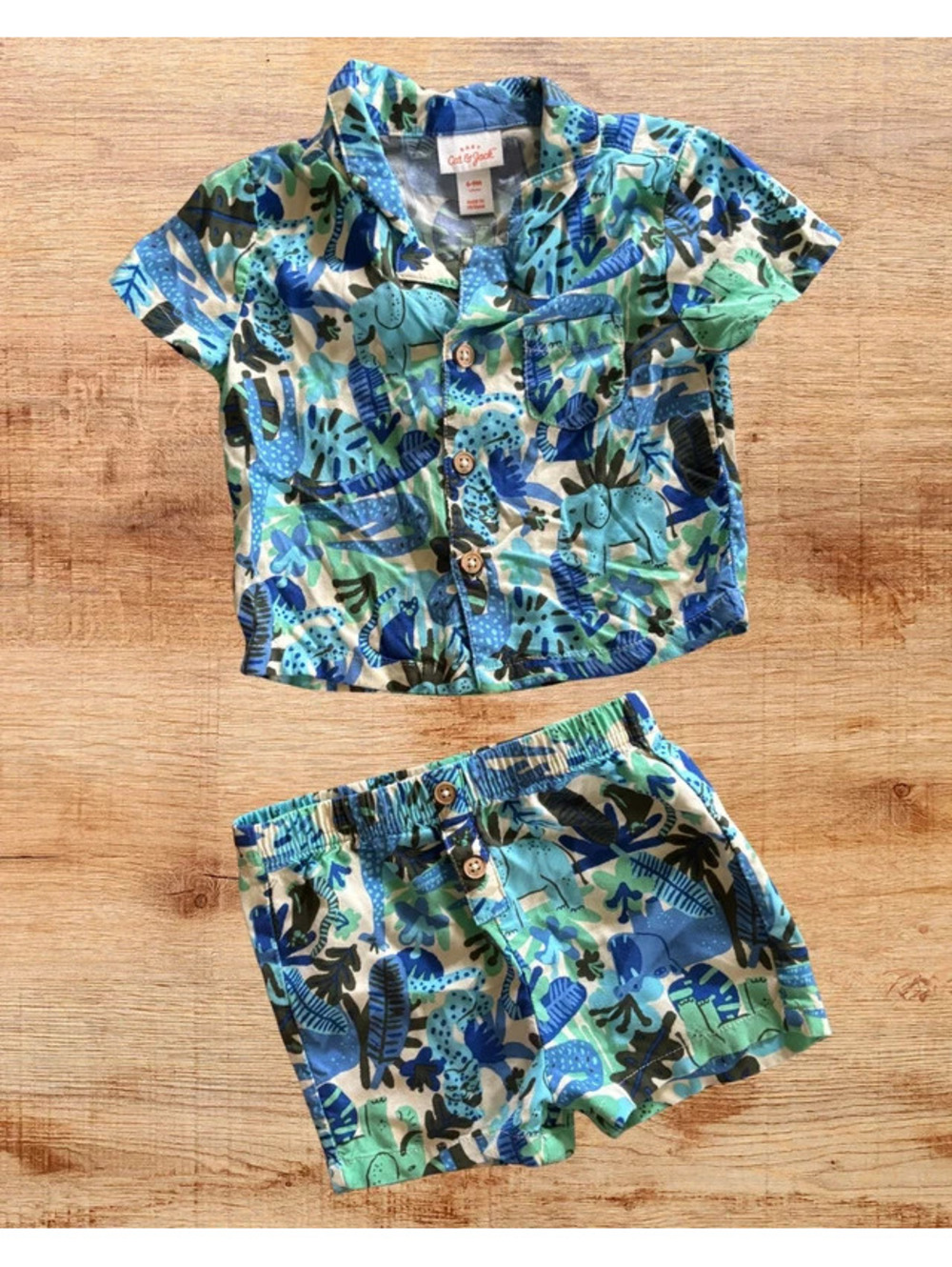Cat & Jack 6-9M Safari Animal 2 Piece Button Shirt & Shorts Outfit